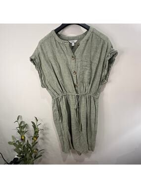 Time & Tru Sage Green Linen Blend Tie Waist Dress Large